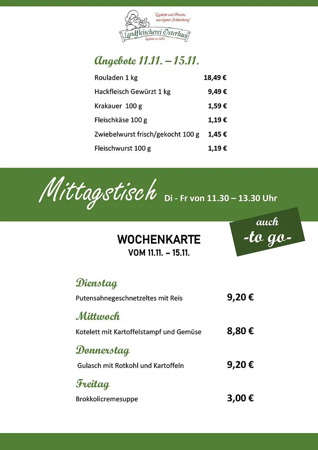 Landfleischerei Osterhus GmbH - Angebote & Mittagstisch