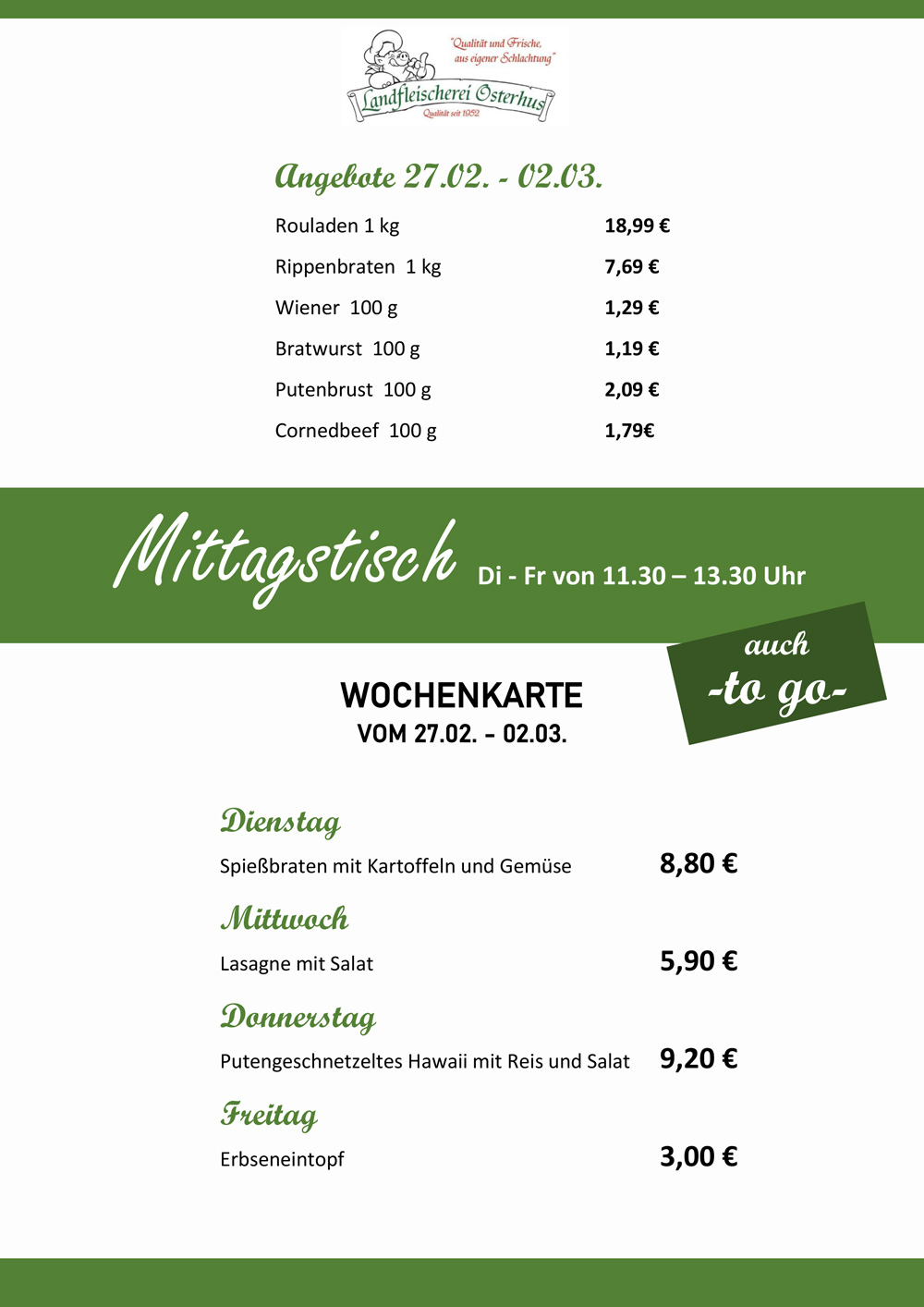 Landfleischerei Osterhus GmbH - Angebote & Mittagstisch